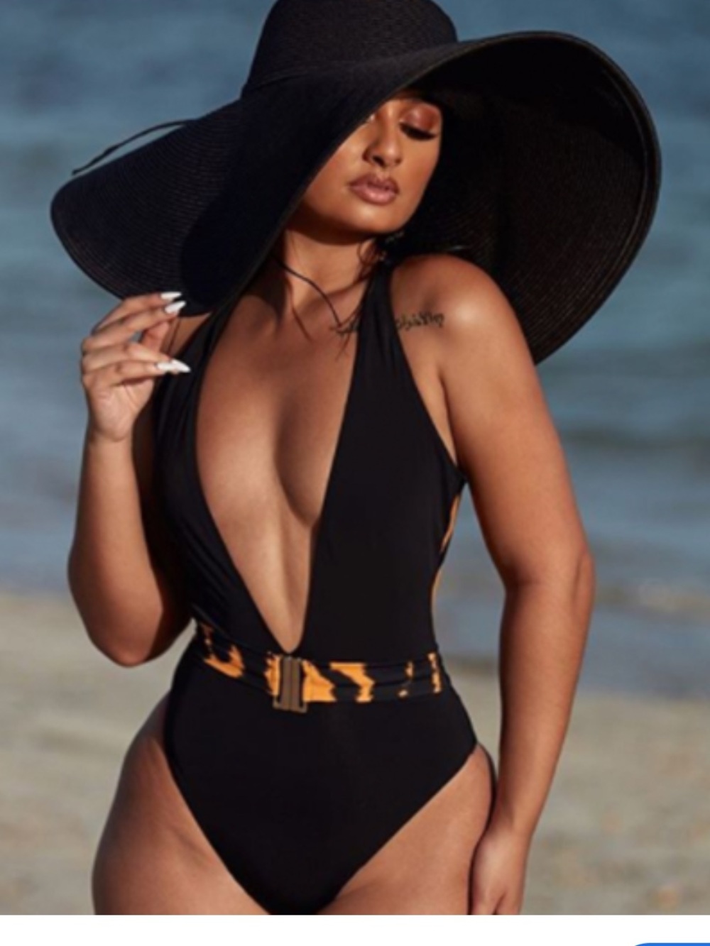 Icon Swim Deep V Black One-Piece Swimsuit with Animal Print Belt Women’s Large